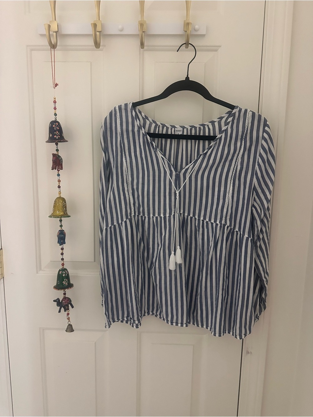 Old Navy Blue and White Striped Peasant Tunic with Tassel Tie